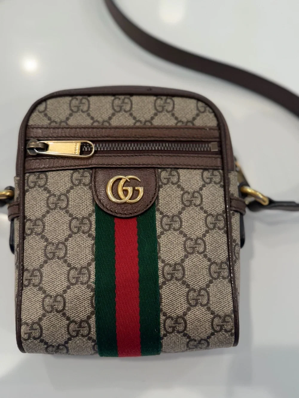 Gucci Beige/Brown GG Supreme Crossbody with Green-Red Web